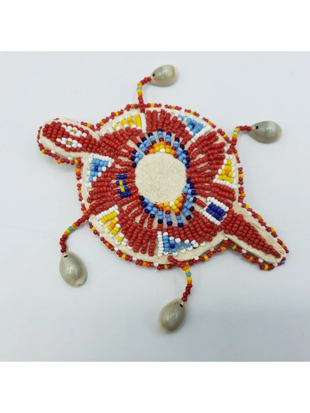 Native American Seed Bead Turtle Fetish Cowrie Shells Leather Red White Blue